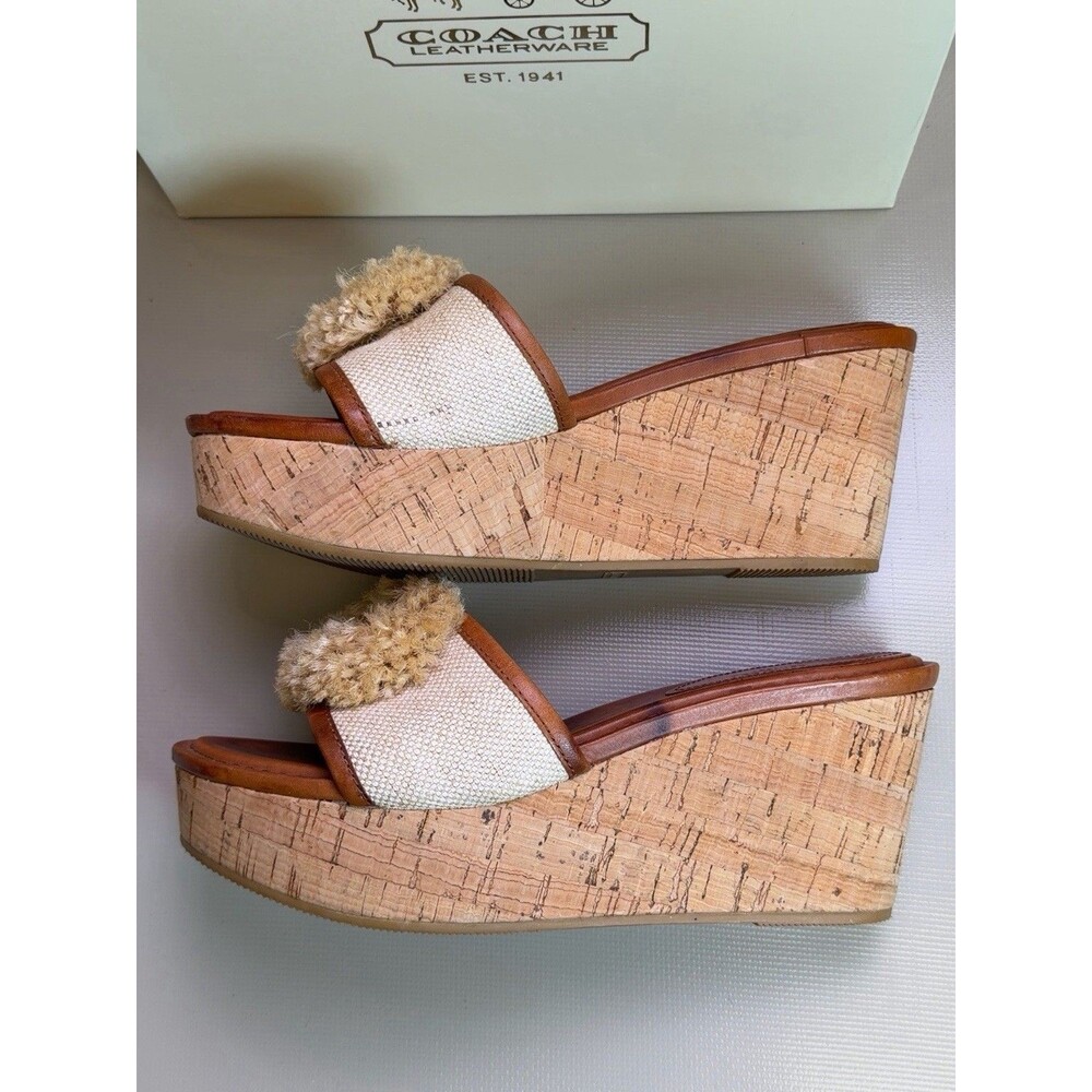 Coach Jazmin A8031 Canvas Cork Wedge Slide Sandals Natural Women’s 7.5M - Picture 4 of 12